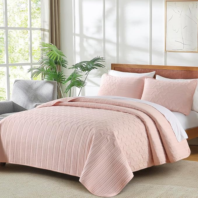 Yiran Blush Pink Quilt Set Queen Size, 3 Piece Reversible Bedspreads Bedding Set - Image 3