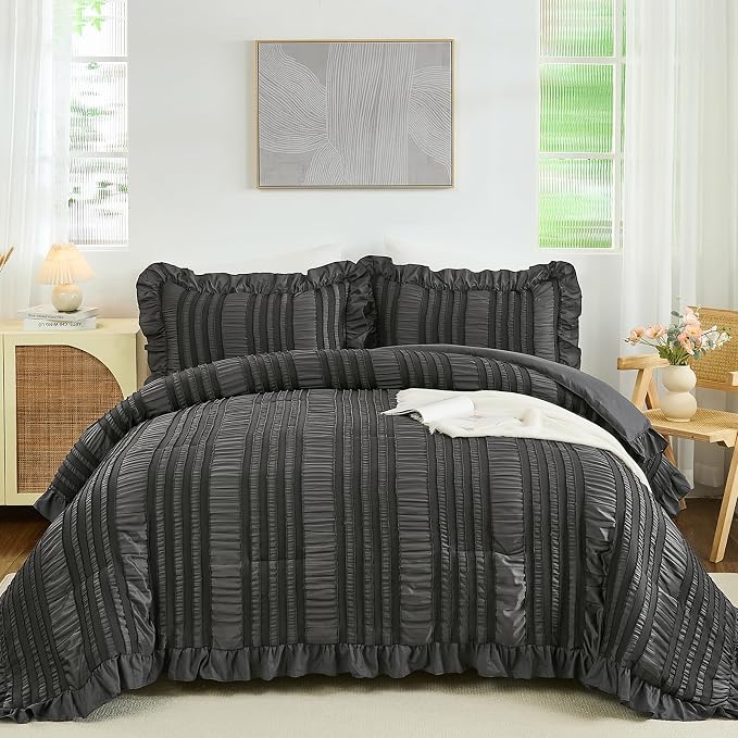 WONGS BEDDING King Size Comforter, Dark Grey Boho Comforter Set King, Shabby by WONGSBEDDING