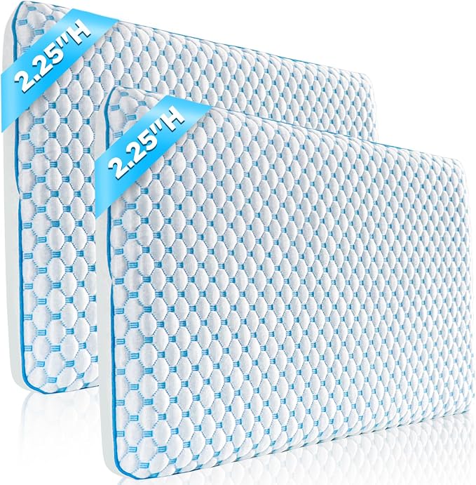 Flat Pillows for Sleeping Thin Memory Foam Pillows for Stomach and Back Sleepers by IWACOOL