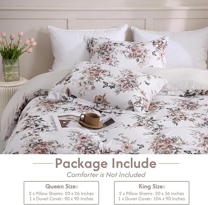 LONAVA King Floral 3 Pcs Duvet Cover Set, Breathable Soft Microfiber Light Grey - Image 6