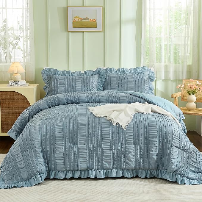 WONGS BEDDING Blue Comforter Set Queen, 3 Pieces Ruffle Farmhouse Shabby Chic - Image 4