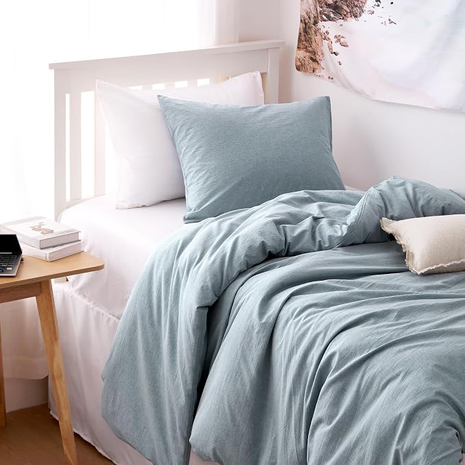 Wake In Cloud - Cotton Duvet Cover Set, Twin Size, Light Denim Blue, 100% - Image 8