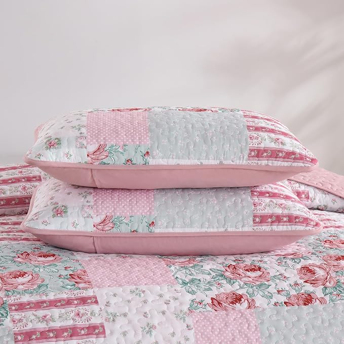 Patchwork Quilt Set Queen Size, 3 Piece Soft Microfiber Reversible Pink Grey - Image 6