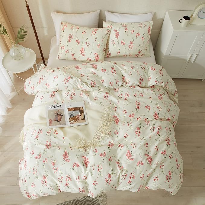 mixinni Boho Red Floral Girl Duvet Cover Set, Soft Cotton King Size 3-Piece - Image 5
