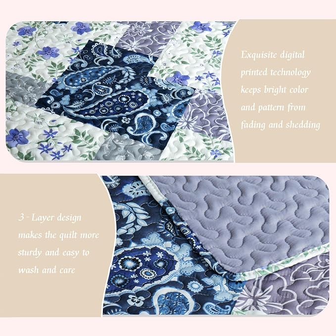 Whale Flotilla Patchwork Quilt Twin Size, Soft Boho Floral Bedspreads - Image 4