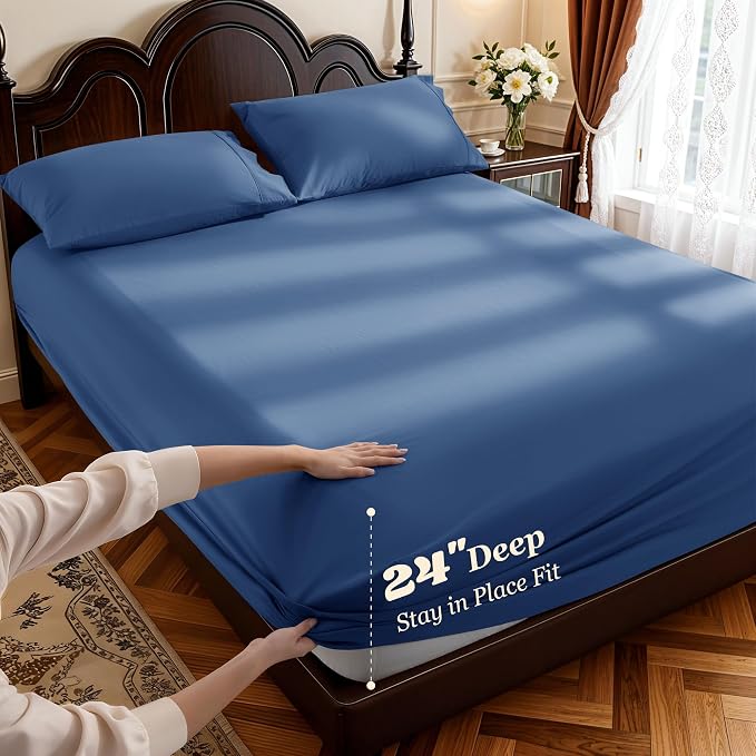 LBRO2M 100% Cotton Sheets Set Deep Pocket 24", 1000 Thread Count California - Image 2