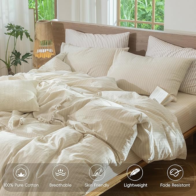 MooMee Striped Duvet Cover Set 100% Washed Cotton Linen Like Textured - Image 4