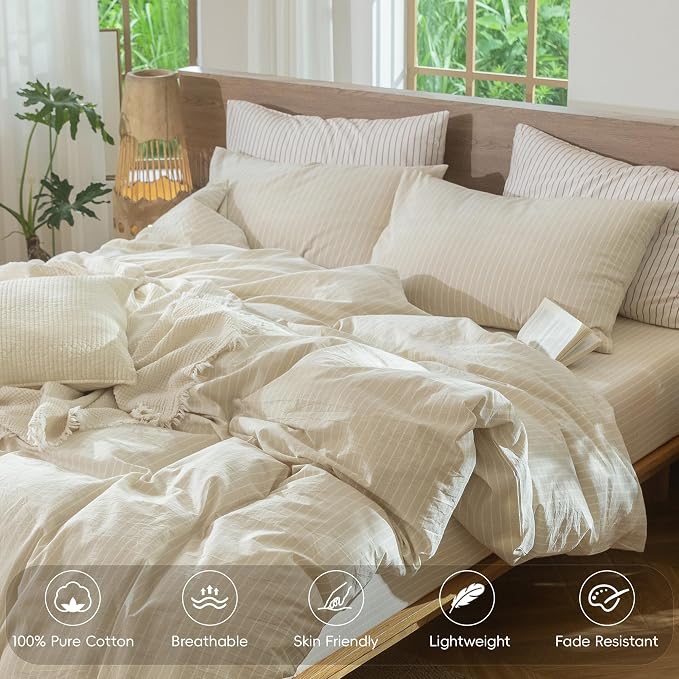 MooMee Striped Duvet Cover Set 100% Washed Cotton Linen Like Textured - Image 4