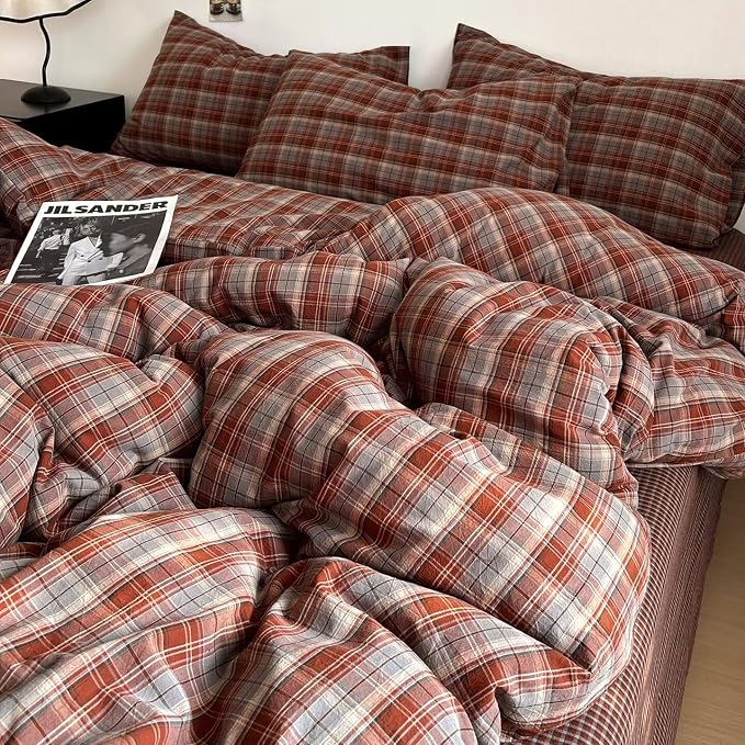 PinkMemory Caramel Blue Gingham Duvet Cover King 100% Washed Cotton Buffalo - Image 3
