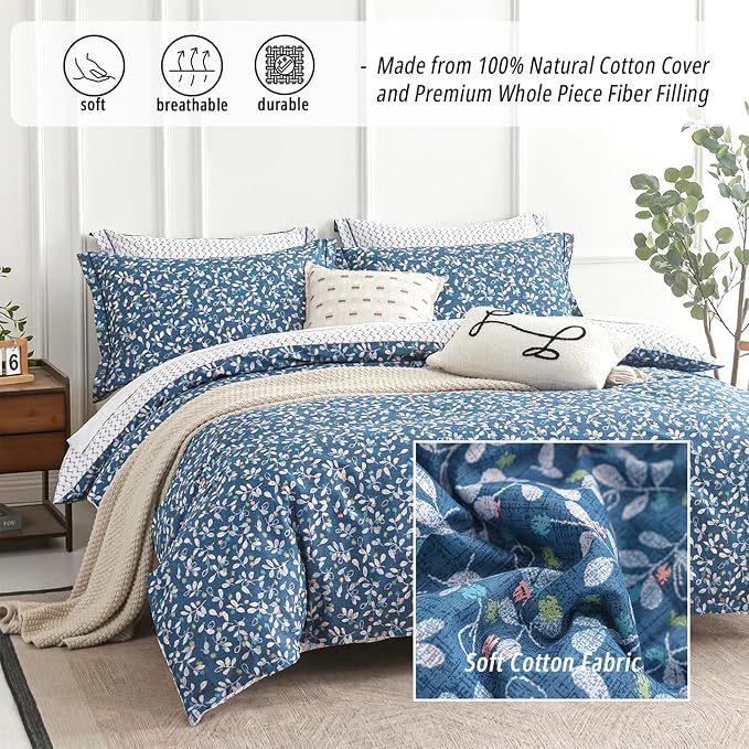 LEMIROE Blue Floral Cotton Comforter Queen Size - Image 2