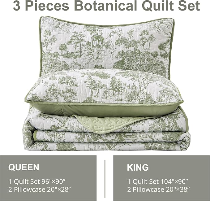WONGS BEDDING Botanical Quilt Set Twin Size, Sage Green 3 Pieces Toile Floral - Image 6