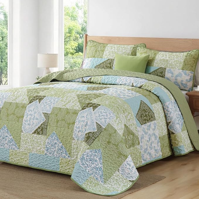 Mybedsoul Patchwork Quilt King Size, Soft Sage Green Paisley Floral King - Image 2