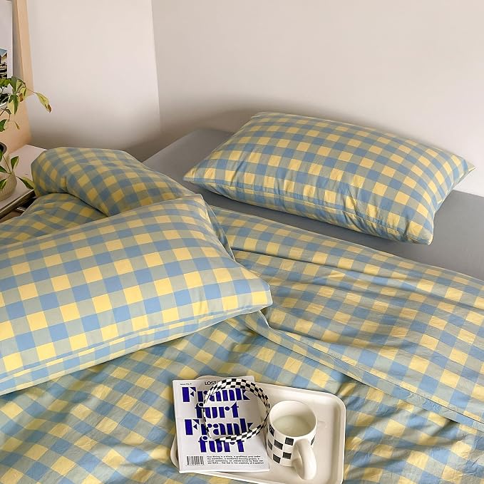 mixinni Plaid Duvet Cover Set Queen Yellow - Image 4