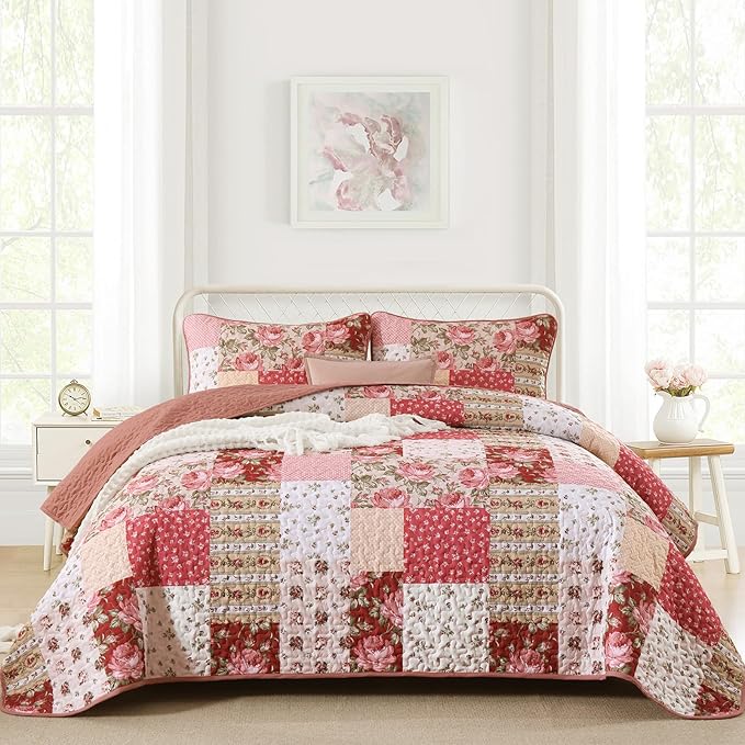 Anibedding 3Pieces Patchwork Quilts Queen Size, Bohemian Red Flower Plaid by Anibedding