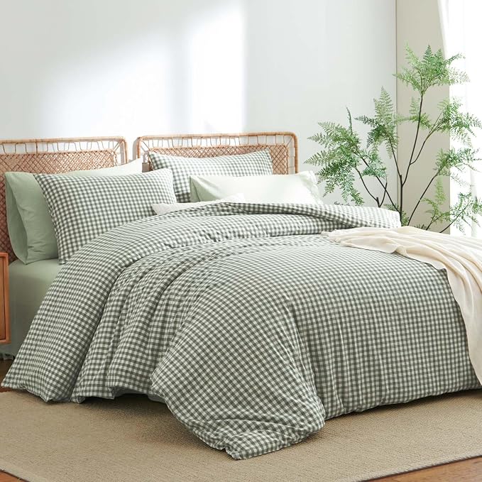 Nayoroom Gingham Duvet Cover Twin Size 100% Washed Cotton Green Plaid Checkered - Image 3