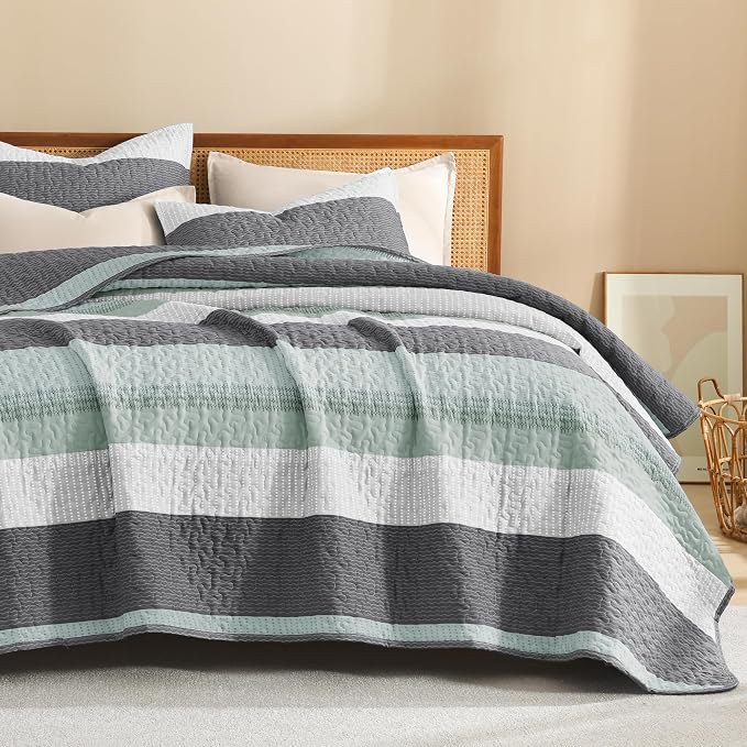 Litanika Quilt Queen Size Sage Green, Stripe Patchwork Summer Bedspread - Image 8