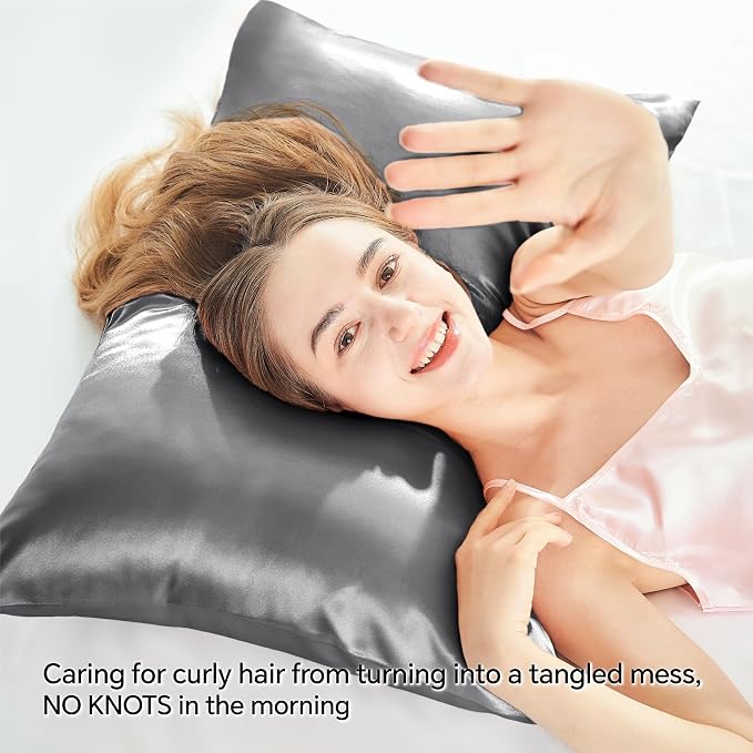 BEDELITE Satin Pillowcase with Zipper, Dark Grey King Size Pillow Cases Set of 2 - Image 4