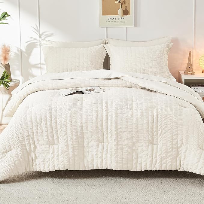 HYMOKEGE Ivory Queen Comforter Set Seersucker 7 Pieces, All Season Luxury Bed - Image 9
