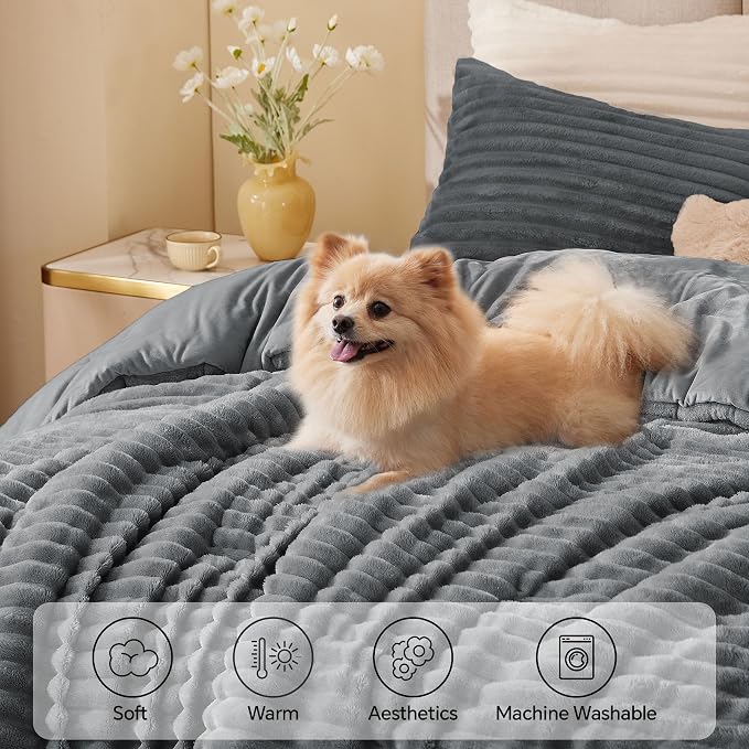 BEDELITE Fleece King Comforter Set -Super Soft & Warm Fluffy Grey Bedding - Image 3