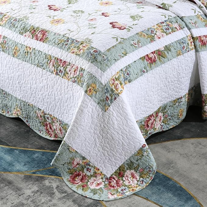 ROOMLIFE Quilt Set Queen Size 3D Floral Embroidery Pattern 3-Piece Cotton - Image 2