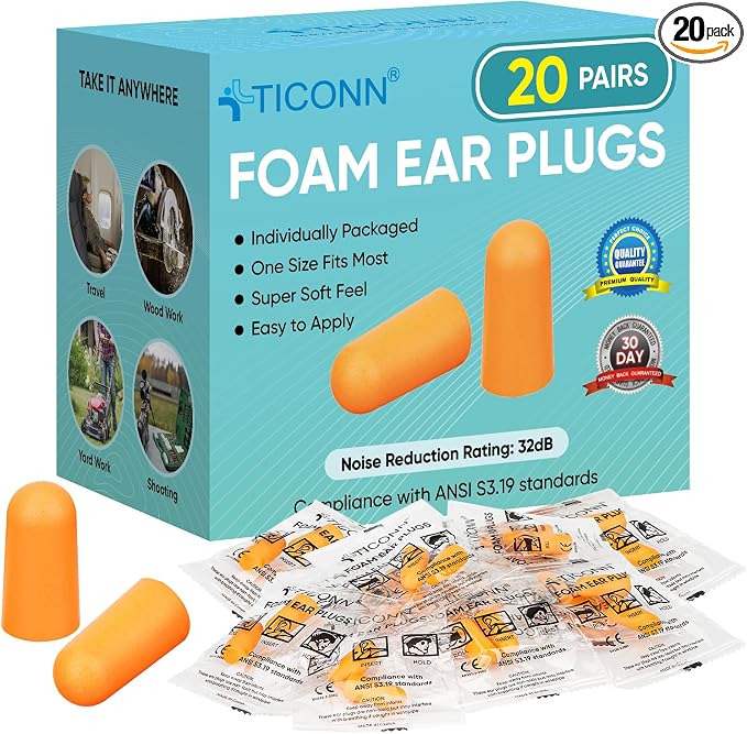 TICONN 20 Pairs Foam Ear Plugs, Individually Wrapped 32dB NRR Noise Reduction by TICONN