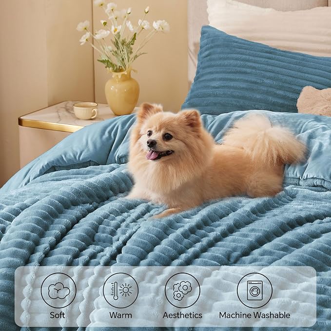 BEDELITE Fleece Oversized Queen Comforter Set -Super Soft & Warm Fluffy Blue - Image 3