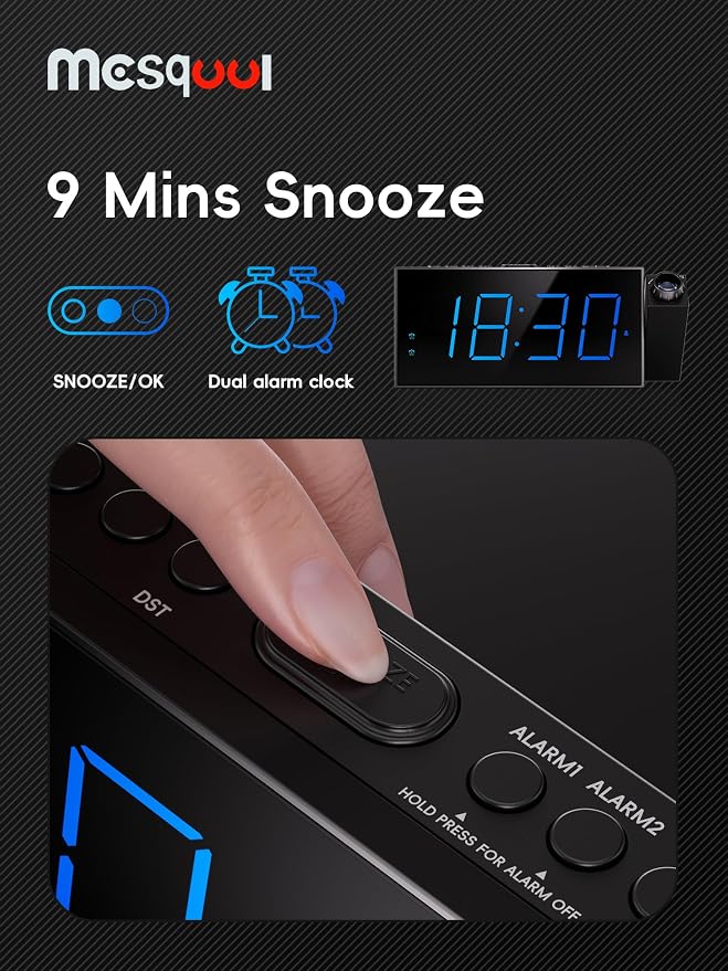 Mesqool Projection Alarm Clock, Loud Vibrating Alarm Clock - Image 8