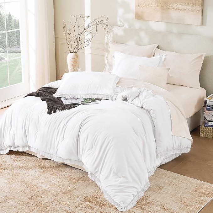 Andency White Comforter Set Twin Size, 2 Pieces Boho Lightweight Tassel Bedding - Image 6