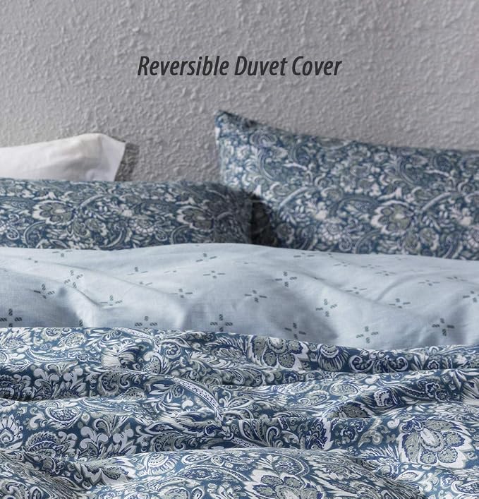SLEEPBELLA Duvet Cover Queen, 600 Thread Count Cotton Blue & Green Paisley - Image 3