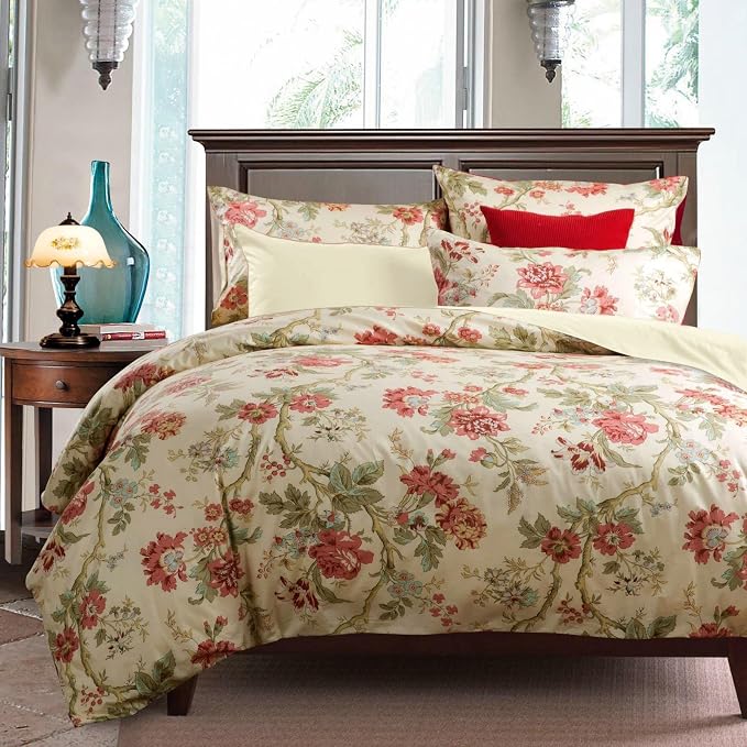 mixinni Red Floral Duvet Cover Queen Green Leaves Pattern Bedding Duvet Cover by mixinni