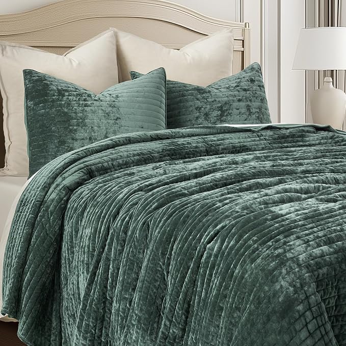 EVERGRACE Velvet Quilt Set Queen Size, Luxurious Soft Striped Channel Bedding - Image 7