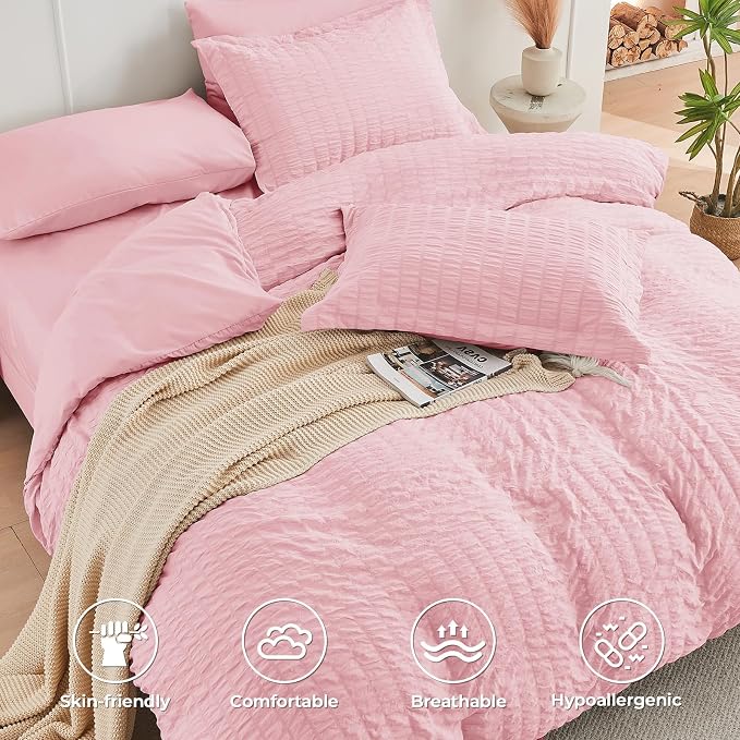 HYMOKEGE Pink Twin XL Comforter Set Seersucker 5 Pieces, All Season Luxury Bed - Image 3