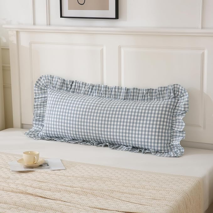 Light Blue/White Ruffled Long Lumbar Gingham Pillow Sham 14x36 inches 1 Piece - Image 3