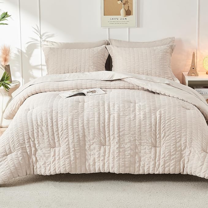 HYMOKEGE Beige King Size Comforter Set Seersucker 7 Pieces, All Season Luxury - Image 9