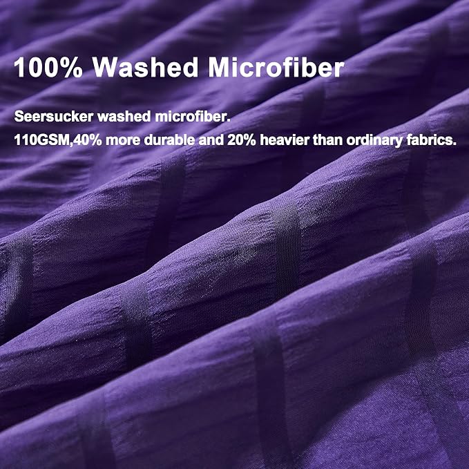 AveLom Dark Purple Duvet Cover King, 3 Pieces, Seersucker Striped Soft Washed - Image 3
