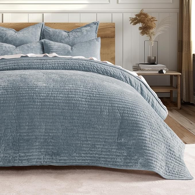 EVERGRACE Velvet Quilt Set King Size, Luxurious Soft Striped Channel Bedding Set - Image 8