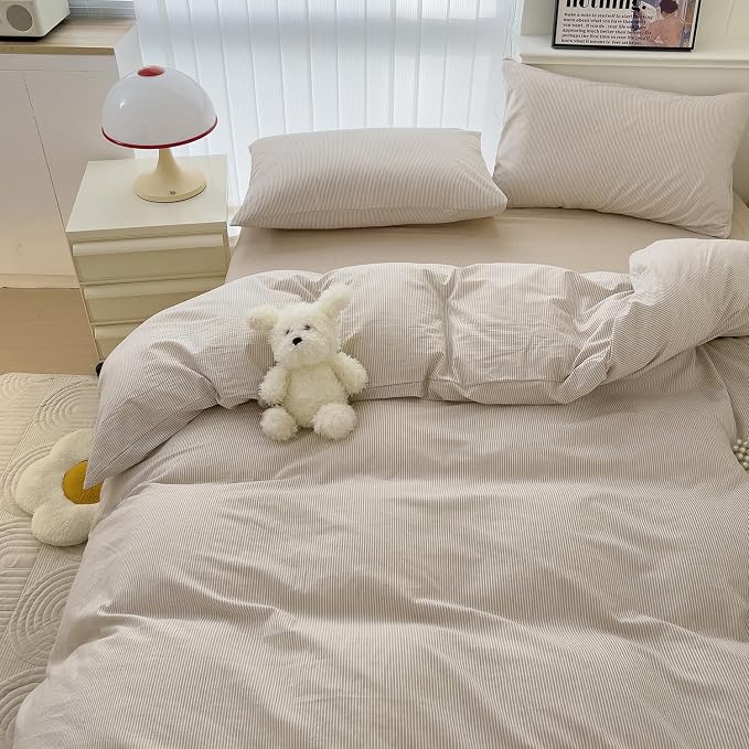mixinni Tan Striped Duvet Cover Queen Size - Image 4