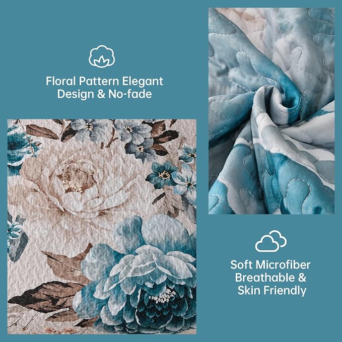 WONGS BEDDING Aqua Floral Quilt Set King, 3 Pieces Reversible Lightweight - Image 4