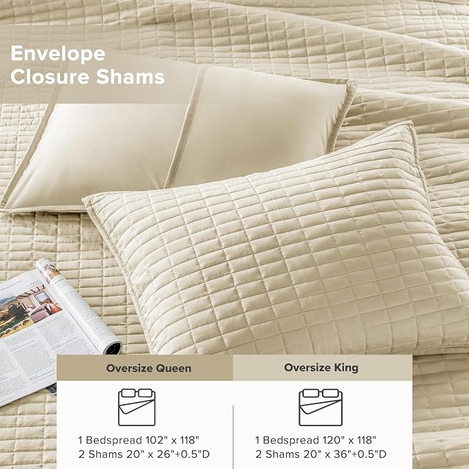 Comfort Spaces Ivory Oversized Queen Quilt Set 102"x118" Bedspread Quilted - Image 5