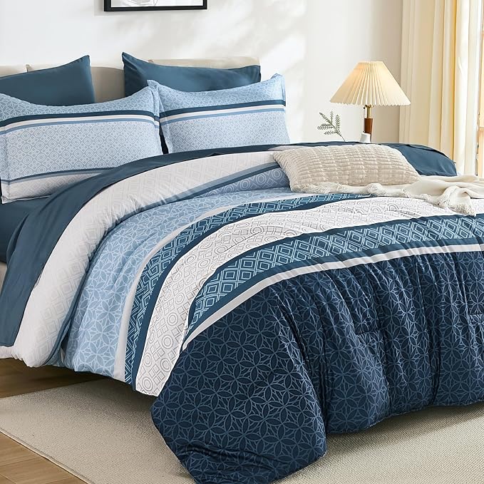 WONGS BEDDING Navy Blue King Comforter Set 7 Pieces, Boho Striped Bed in a Bag by WONGSBEDDING