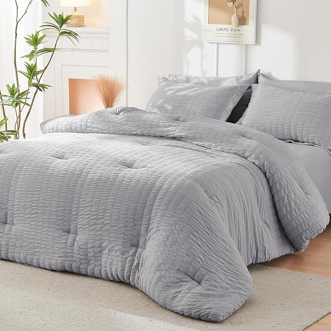 HYMOKEGE Light Grey California King Comforter Set Seersucker 7 Pieces, All - Image 8