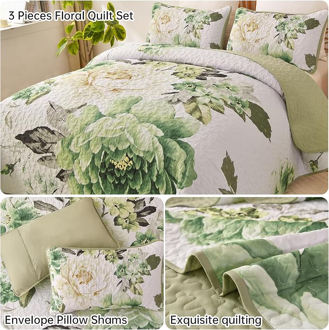 WONGS BEDDING Floral Quilt Set Green Queen, Quilted Printed Lightweight - Image 5