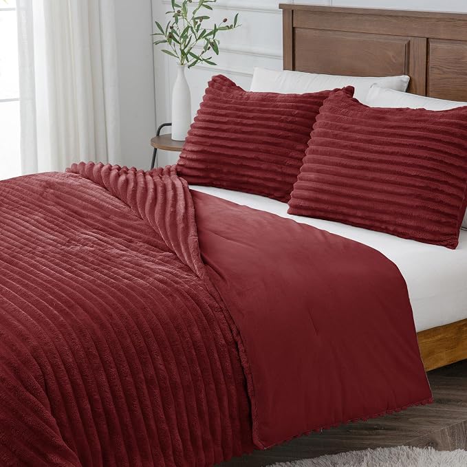 BEDELITE Fleece Queen Comforter Set -Super Soft & Warm Fluffy Burgundy Bedding - Image 8