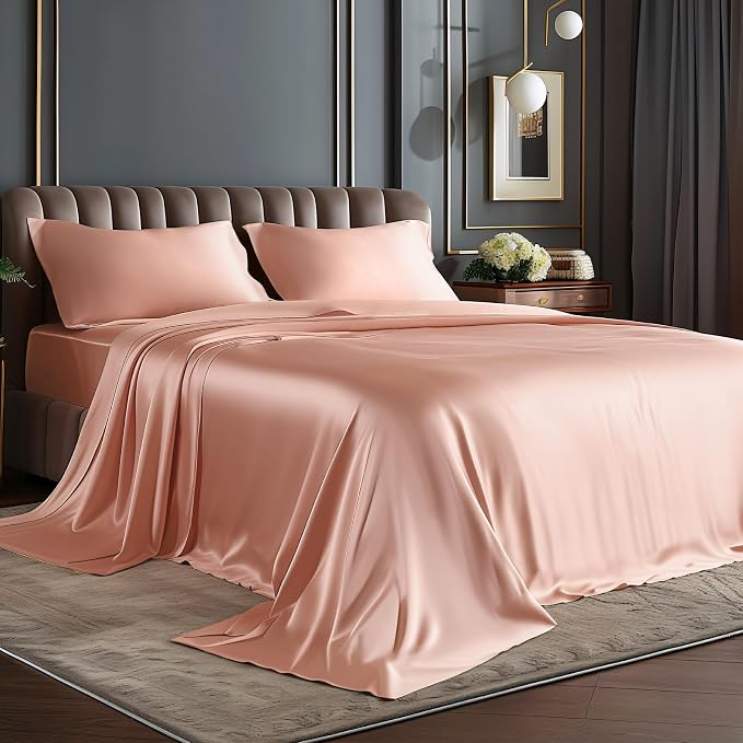 BEDELITE Satin Sheets Queen Size Bed Set, Luxury Soft Coral Pink Silky Sheets by BEDELITE