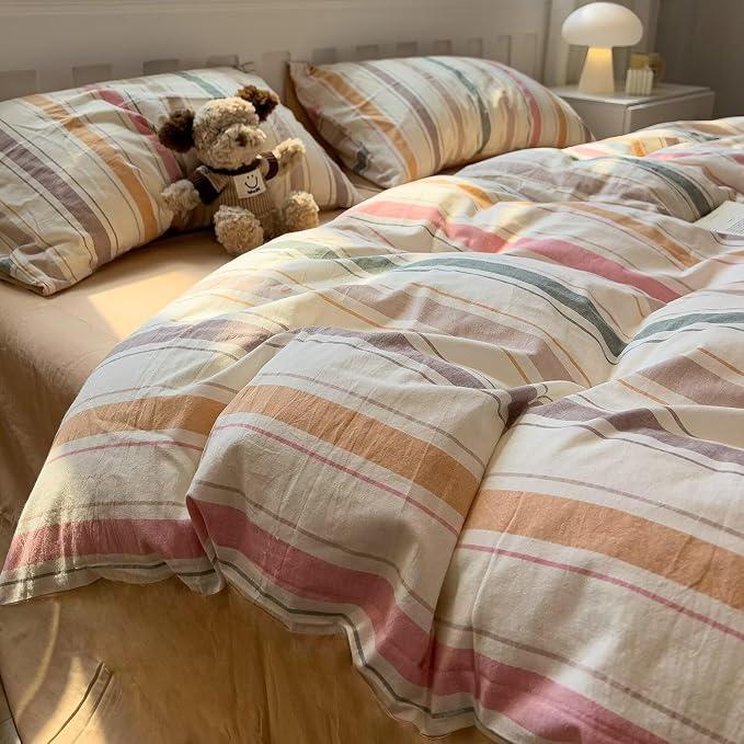 MKXI Washed Cotton Duvet Cover Set Retro Stripes in Autumn Palette 3-Piece - Image 8