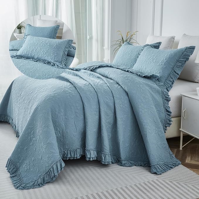 Brandream Luxury 100% Cotton Quilt Set Queen Size Blue Floral Vine Matelasse - Image 7