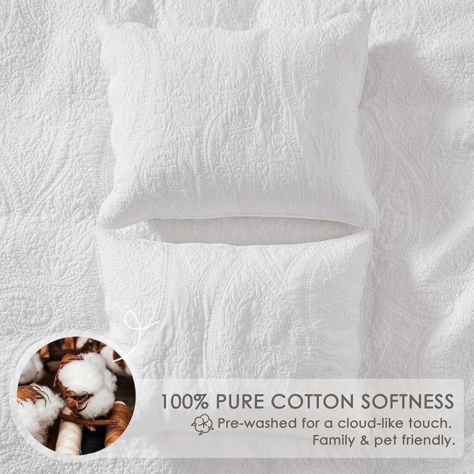 palassio White Paisley 100% Cotton Quilt Queen Size Bedding Sets - Image 4