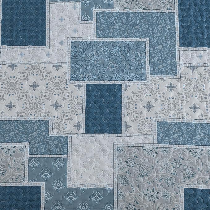Xruibed Blue Boho Quilt Set Queen Size, 3 Pieces Plaid Floral Bedspread - Image 6