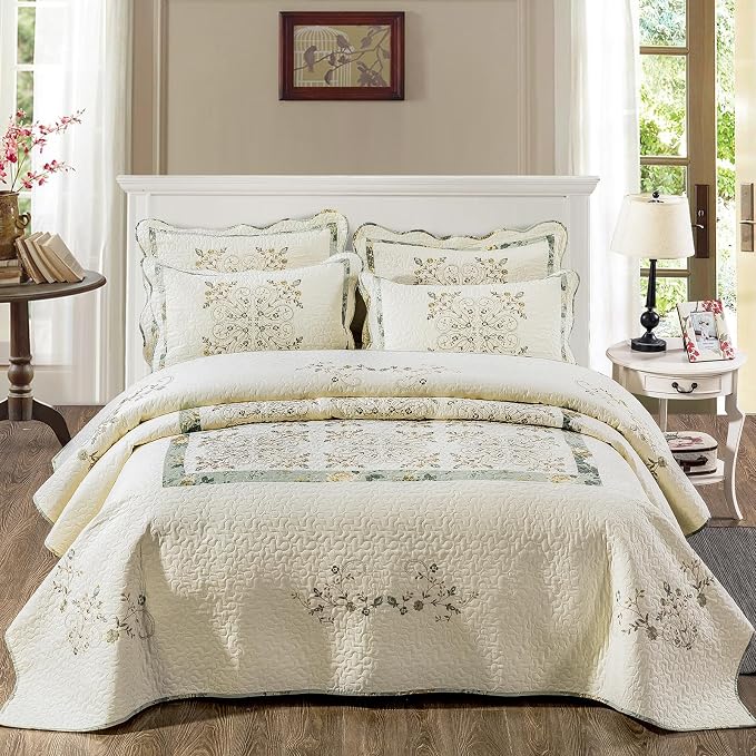 ROOMLIFE Quilt Set King Size 3D Floral Embroidery Pattern 3-Piece Cotton - Image 2