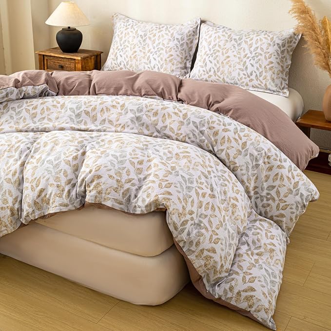 OAITE Brown Leaves Queen Size Duvet Cover-3 Pieces Prewashed Cotton-Like - Image 2